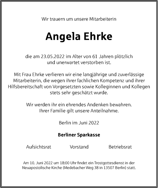 Traueranzeige von Angela Ehrke von Berliner Morgenpost