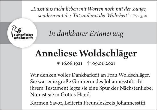 Traueranzeige von Anneliese Woldschläger von Berliner Morgenpost