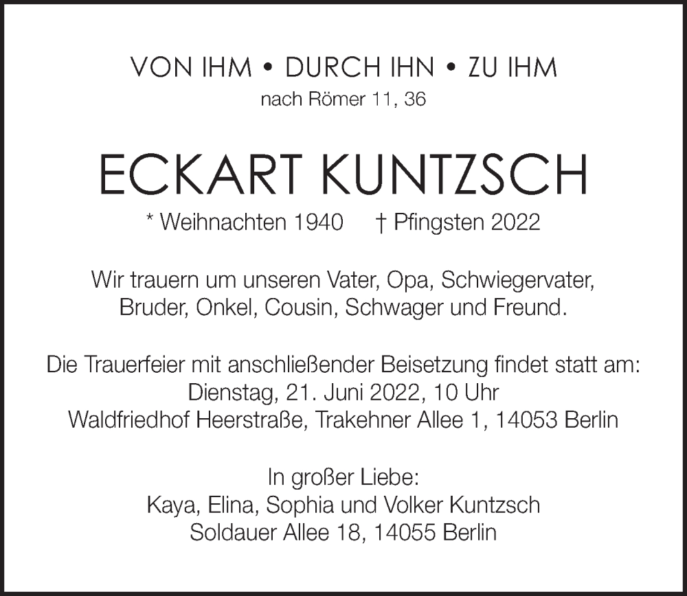  Traueranzeige für Eckart Kuntzsch vom 19.06.2022 aus Berliner Morgenpost