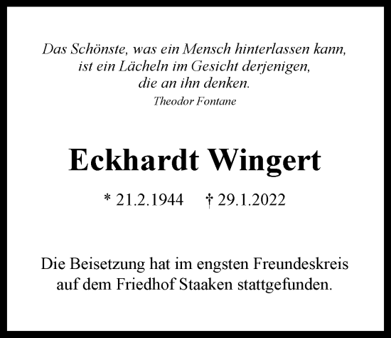 Traueranzeige von Eckhardt Wingert von Berliner Woche / Spandauer Volksblatt