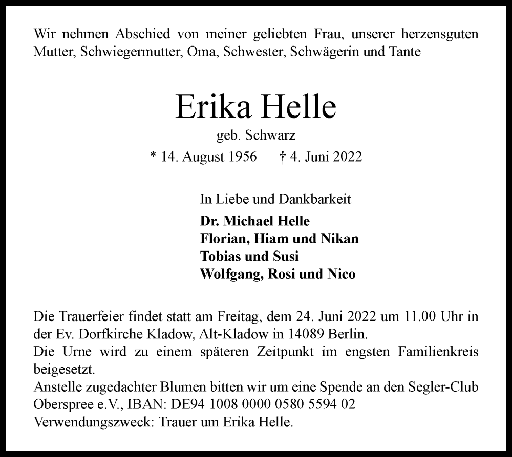  Traueranzeige für Erika Helle vom 18.06.2022 aus Berliner Woche / Spandauer Volksblatt
