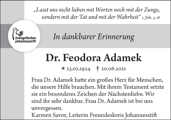Traueranzeige von Feodora Adamek von Berliner Morgenpost