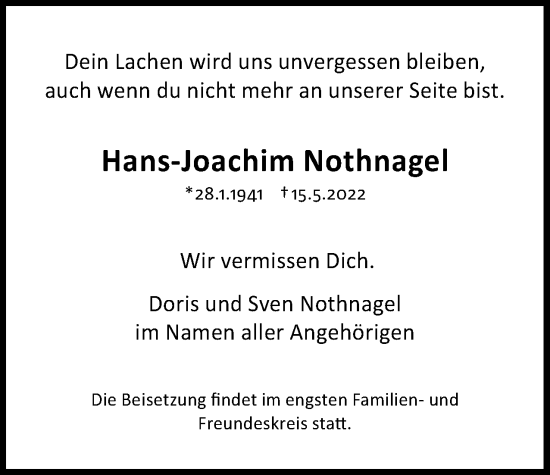 Traueranzeige von Hans-Joachim Nothnagel von Berliner Woche / Spandauer Volksblatt