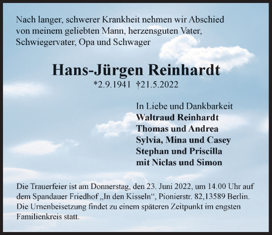 Traueranzeige von Hans-Jürgen Reinhardt von Berliner Woche / Spandauer Volksblatt