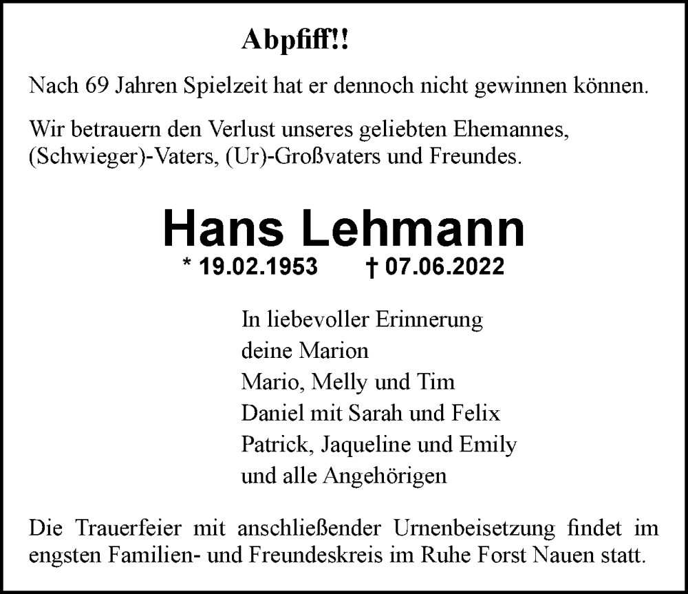  Traueranzeige für Hans Lehmann vom 25.06.2022 aus Berliner Woche / Spandauer Volksblatt