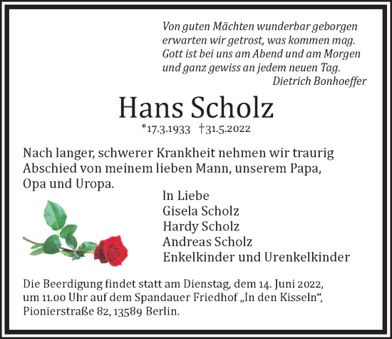 Traueranzeige von Hans Scholz von Berliner Woche / Spandauer Volksblatt