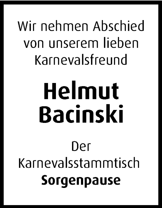 Traueranzeige von Helmut Bacinski von Berliner Woche / Spandauer Volksblatt