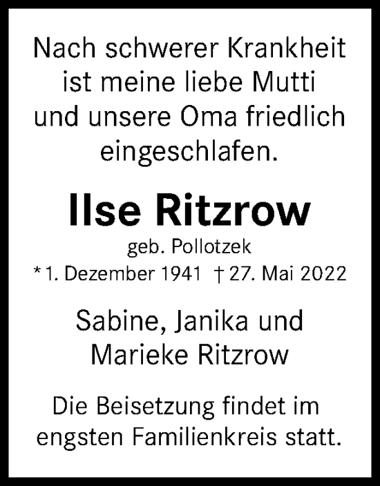 Traueranzeige von Ilse Ritzrow von Berliner Woche / Spandauer Volksblatt