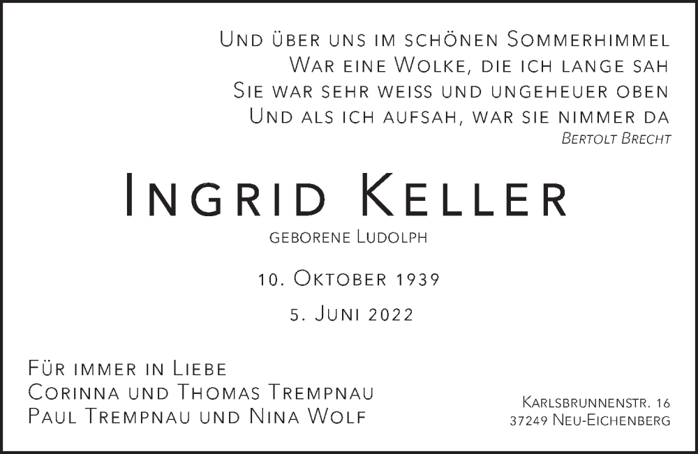  Traueranzeige für Ingrid Keller vom 19.06.2022 aus Berliner Morgenpost