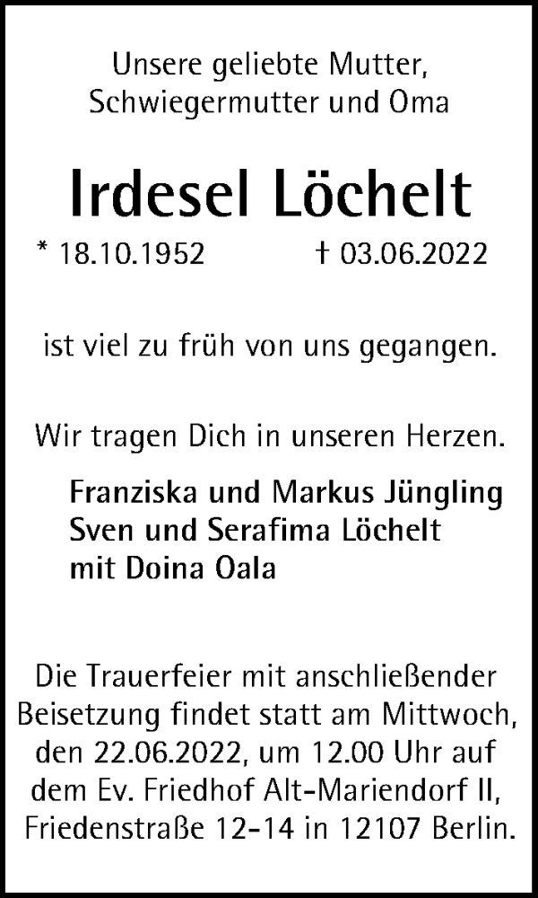  Traueranzeige für Irdesel Löchelt vom 12.06.2022 aus Berliner Morgenpost