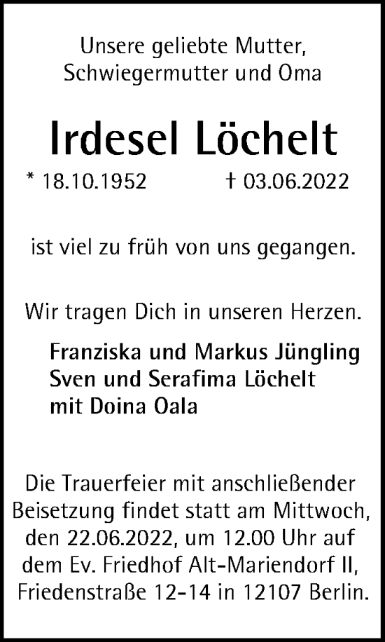 Traueranzeige von Irdesel Löchelt von Berliner Morgenpost