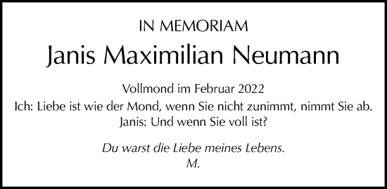 Traueranzeige von Janis Maximilian Neumann von Berliner Morgenpost