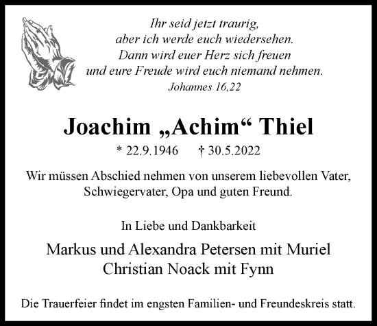 Traueranzeige von Joachim Thiel von Berliner Woche / Spandauer Volksblatt