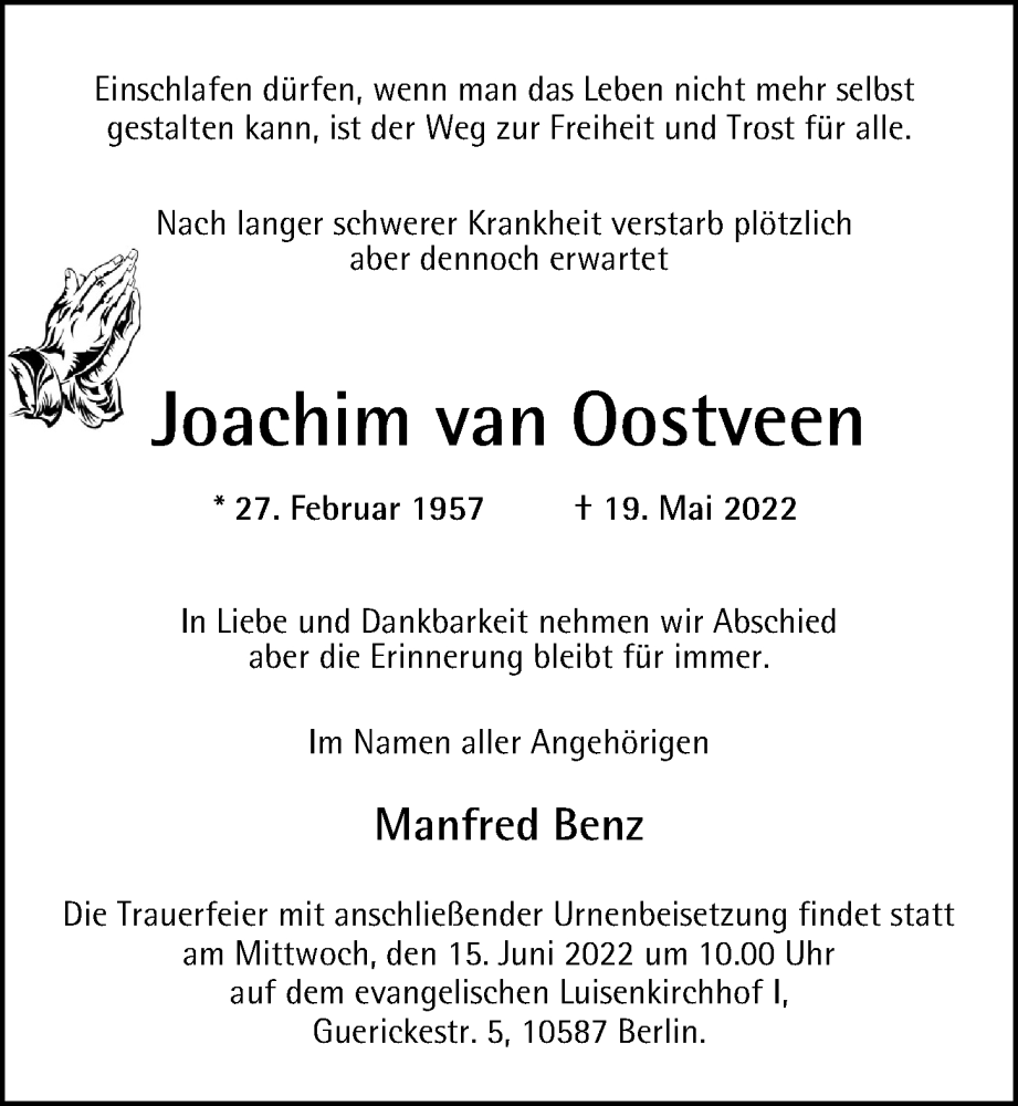  Traueranzeige für Joachim van Oostveen vom 05.06.2022 aus Berliner Morgenpost