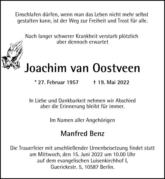 Traueranzeige von Joachim van Oostveen von Berliner Morgenpost