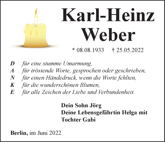 Traueranzeige von Karl-Heinz Weber von Berliner Woche / Spandauer Volksblatt