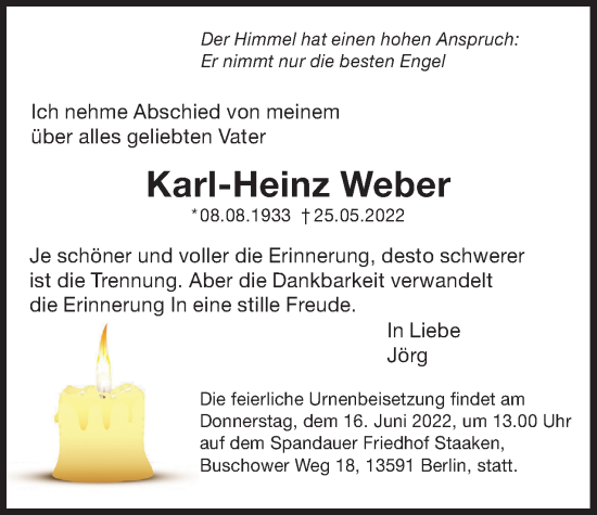 Traueranzeige von Karl-Heinz Weber von Berliner Woche / Spandauer Volksblatt