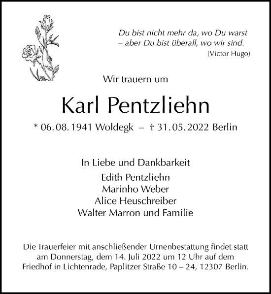 Traueranzeige von Karl Pentzliehn von Berliner Morgenpost