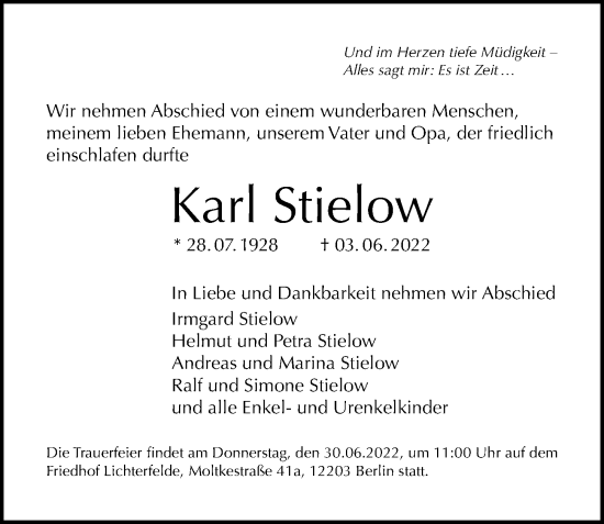 Traueranzeige von Karl Stielow von Berliner Morgenpost