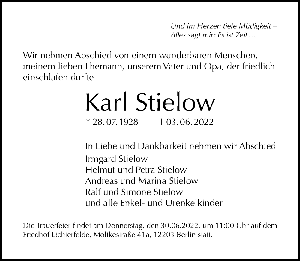  Traueranzeige für Karl Stielow vom 12.06.2022 aus Berliner Morgenpost