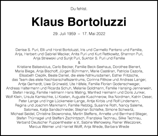 Traueranzeige von Klaus Bortoluzzi von Berliner Morgenpost