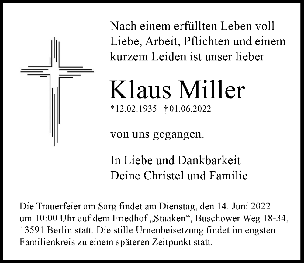  Traueranzeige für Klaus Miller vom 11.06.2022 aus Berliner Woche / Spandauer Volksblatt