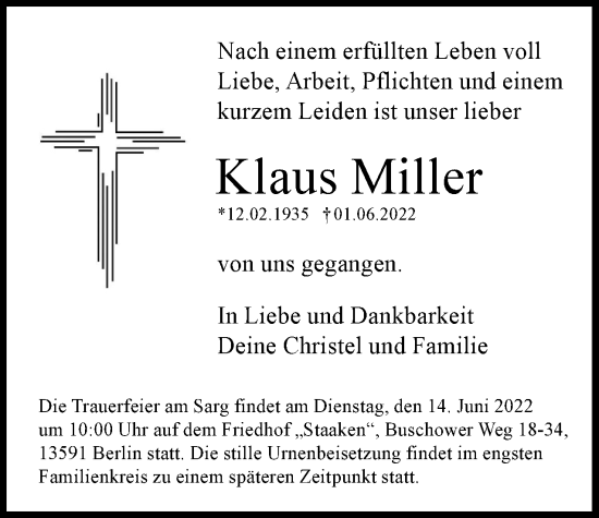 Traueranzeige von Klaus Miller von Berliner Woche / Spandauer Volksblatt
