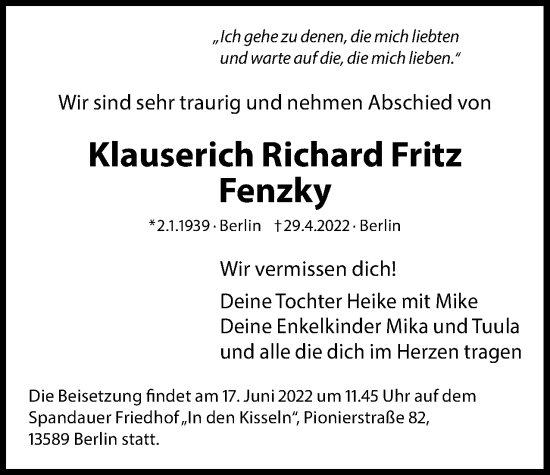 Traueranzeige von Klauserich Richard Fritz Fenzky von Berliner Woche / Spandauer Volksblatt