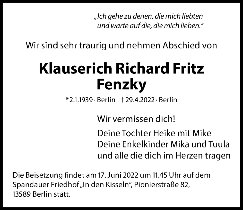  Traueranzeige für Klauserich Richard Fritz Fenzky vom 11.06.2022 aus Berliner Woche / Spandauer Volksblatt