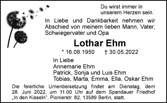 Traueranzeige von Lothar Ehm von Berliner Woche / Spandauer Volksblatt