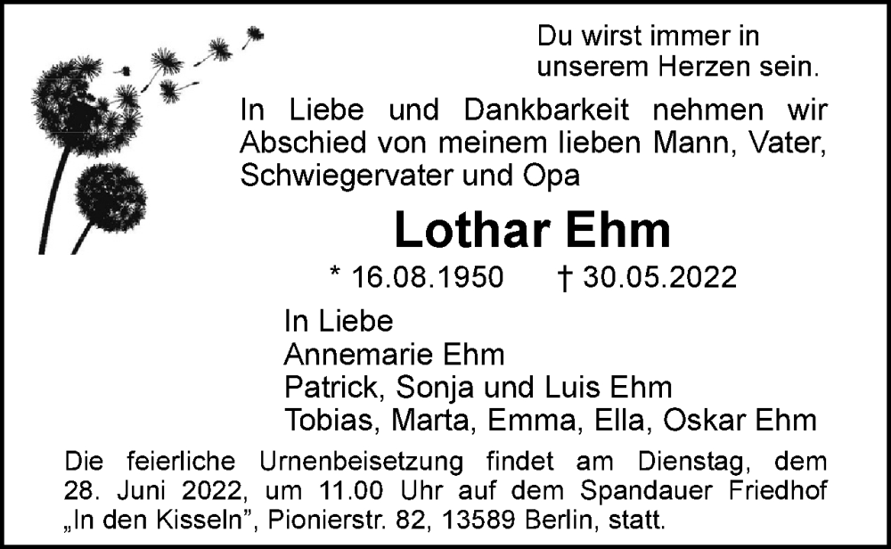  Traueranzeige für Lothar Ehm vom 11.06.2022 aus Berliner Woche / Spandauer Volksblatt