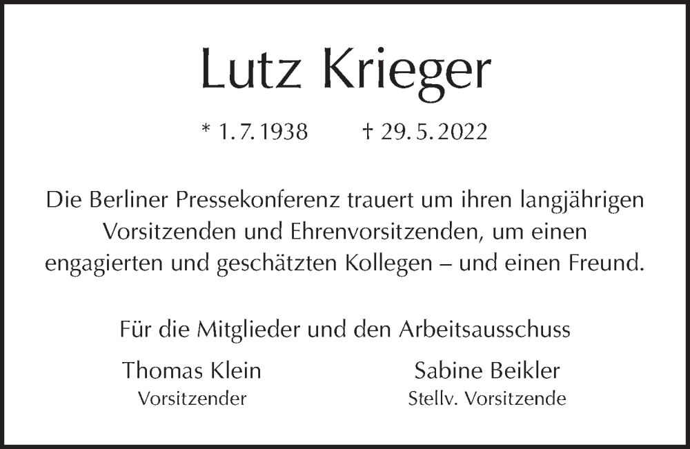  Traueranzeige für Lutz Krieger vom 12.06.2022 aus Berliner Morgenpost