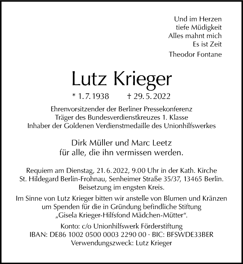  Traueranzeige für Lutz Krieger vom 05.06.2022 aus Berliner Morgenpost