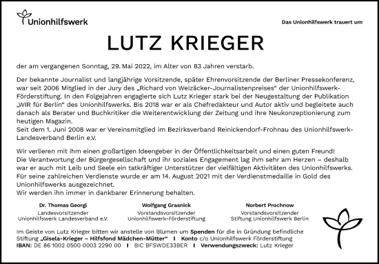 Traueranzeige von Lutz Krieger von Berliner Morgenpost