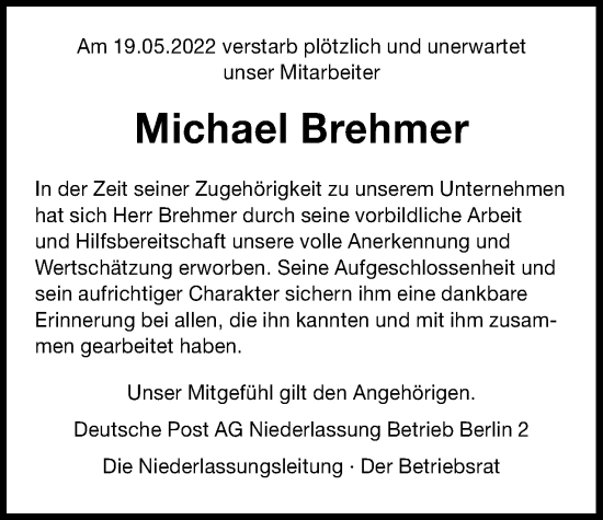 Traueranzeige von Michael Brehmer von Berliner Woche / Spandauer Volksblatt