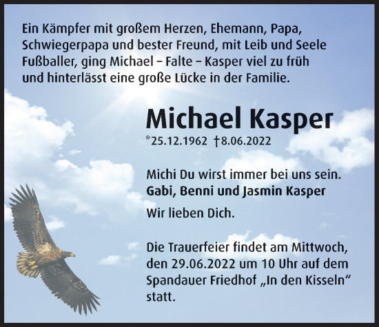 Traueranzeige von Michael Kasper von Berliner Woche / Spandauer Volksblatt