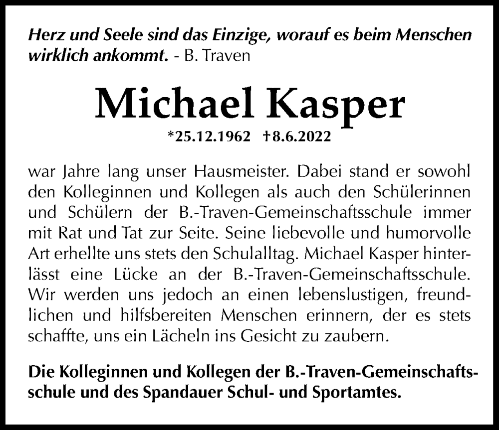  Traueranzeige für Michael Kasper vom 25.06.2022 aus Berliner Woche / Spandauer Volksblatt