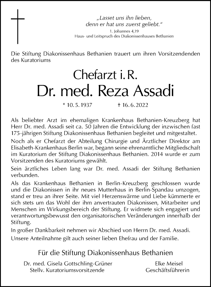  Traueranzeige für Reza Assadi vom 26.06.2022 aus Berliner Morgenpost