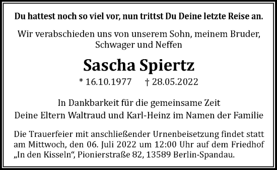 Traueranzeige von Sascha Spiertz von Berliner Woche / Spandauer Volksblatt