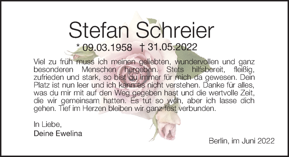  Traueranzeige für Stefan Schreier vom 23.06.2022 aus Berliner Morgenpost