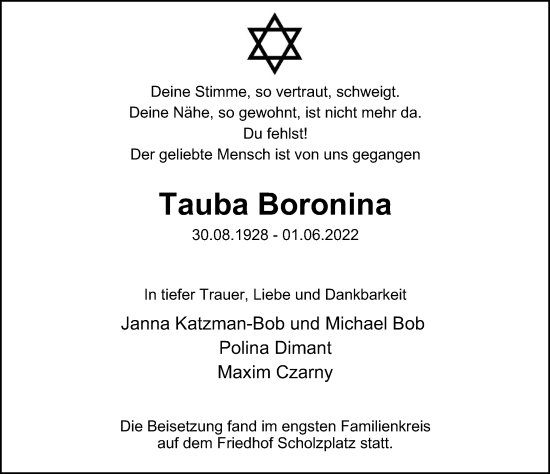 Traueranzeige von Tauba Boronina von Berliner Morgenpost
