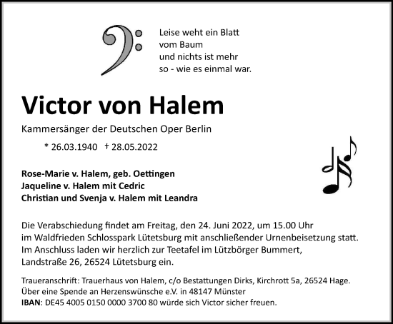 Traueranzeige von Victor von Halem von Berliner Morgenpost