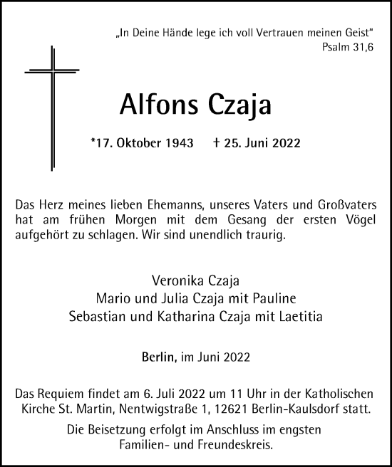 Traueranzeige von Alfons Czaja von Berliner Morgenpost