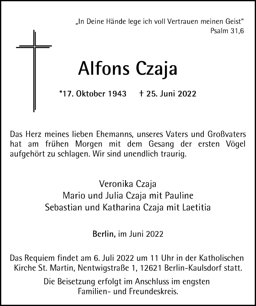  Traueranzeige für Alfons Czaja vom 03.07.2022 aus Berliner Morgenpost