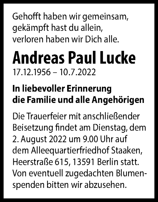 Traueranzeige von Andreas Paul Lucke von Berliner Woche / Spandauer Volksblatt