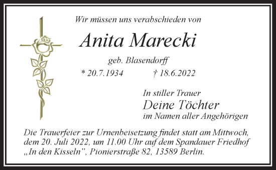 Traueranzeige von Anita Marecki von Berliner Woche / Spandauer Volksblatt