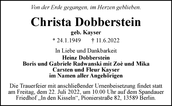Traueranzeige von Christa Dobberstein von Berliner Woche / Spandauer Volksblatt