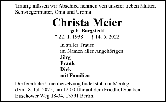 Traueranzeige von Christa Meier von Berliner Woche / Spandauer Volksblatt