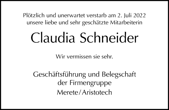 Traueranzeige von Claudia Schneider von Berliner Morgenpost