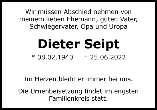 Traueranzeige von Dieter Seipt von Berliner Woche / Spandauer Volksblatt